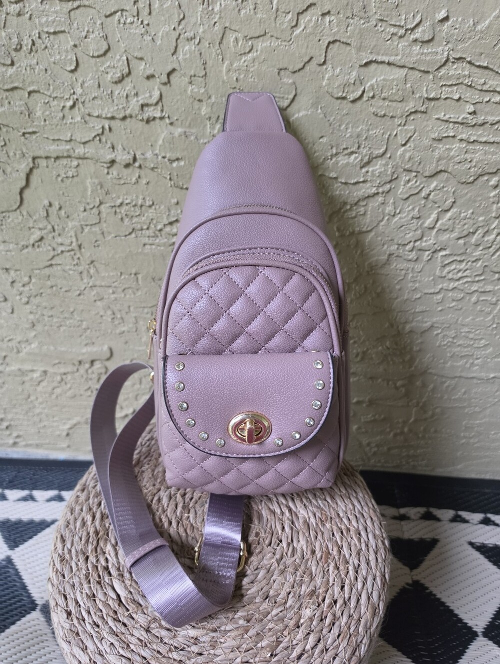NWOT Quilted Mauve Crossbody Sling Bag with Studded Flap Festival